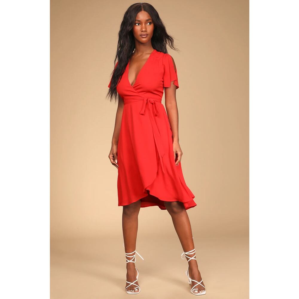 Lulus Red Midi Wrap Dress Women's Large Summer Wedding Guest Romantic Bright - Picture 10 of 16